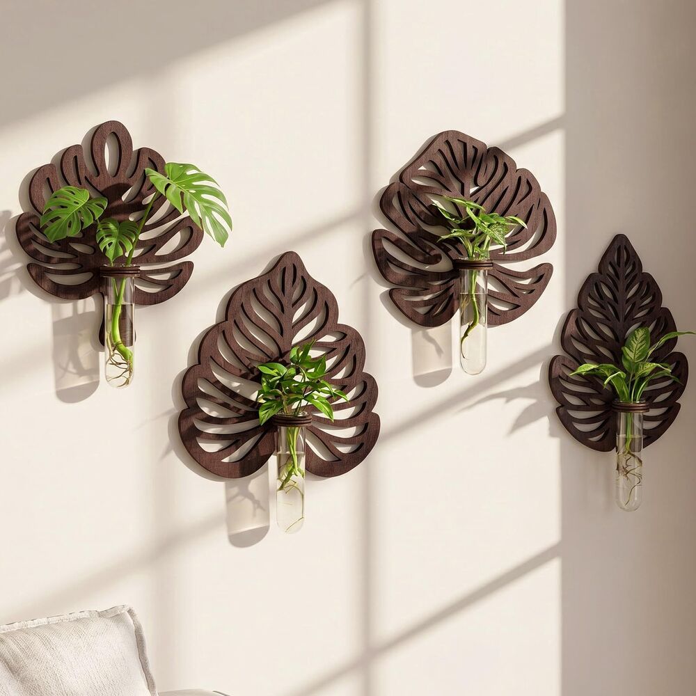 4 Pcs, Wooden Monstera Leaf Wall Planter Set with Glass Tubes